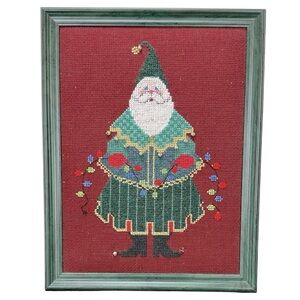 Vtg‎ Handmade Completed Cross Stitch Santa Claus Framed Art No Glass Wall Decor